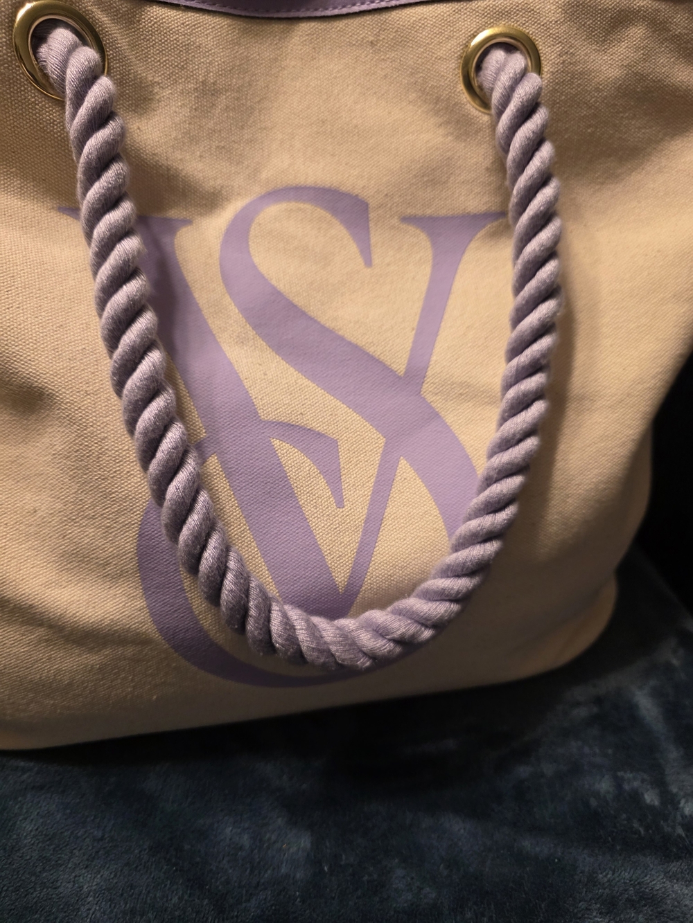 Victoria's Secret Cream Canvas Tote with Lavender Rope Handles and Monogram